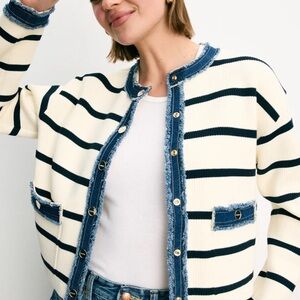 Sandro Stripey Cardigan with Denim Details